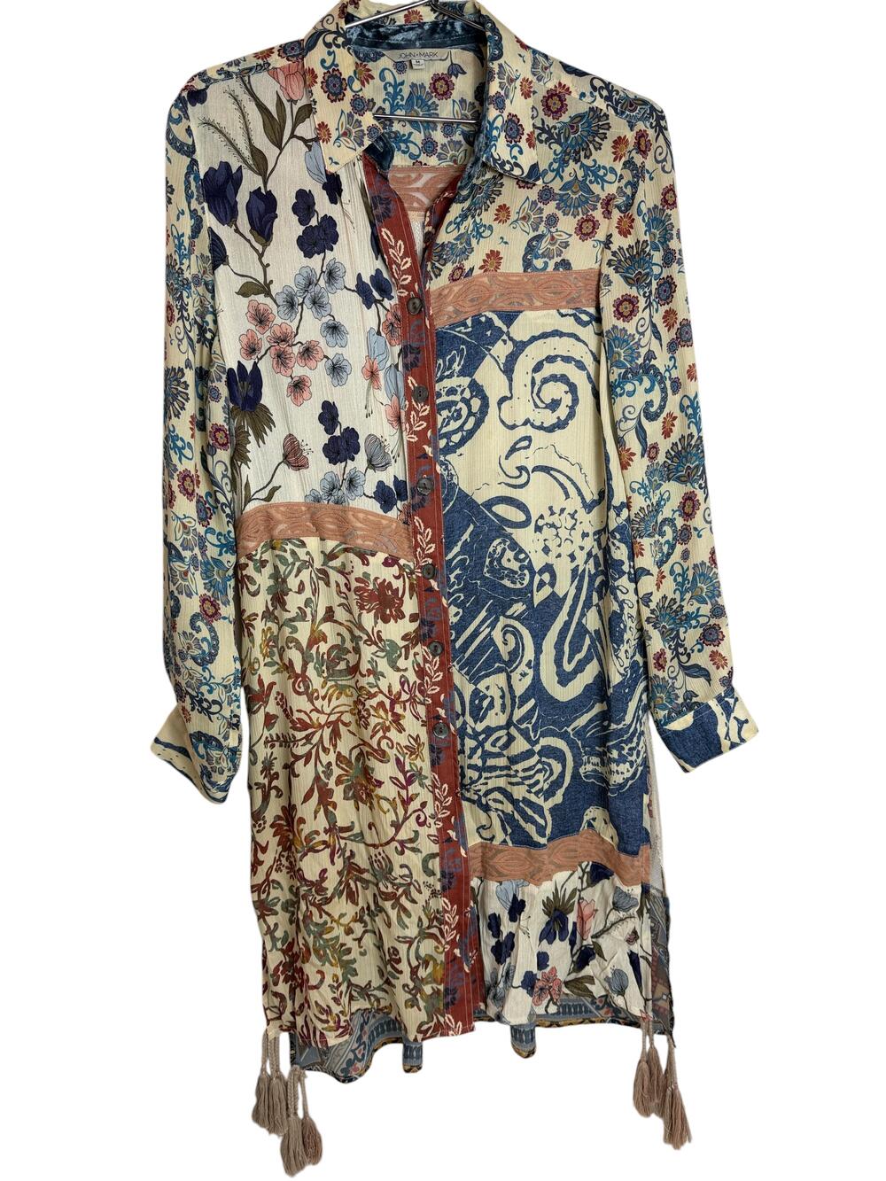 John Mark Shirt Dress Womens Medium Multicolor Floral Sheer Lace Tassel Boho